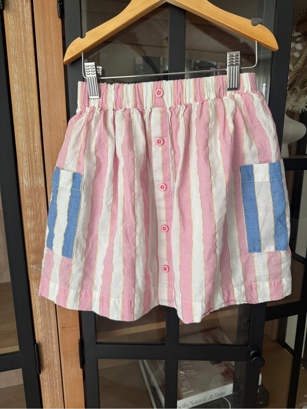 Mini Boden striped skirt lined girls pink white blue pockets a-line skater